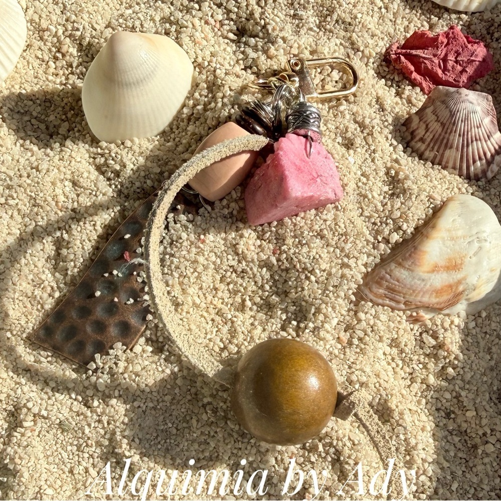 Suede tassel Beach Keychain with RAW Pink QUARTZ Stone and Wooden Bead